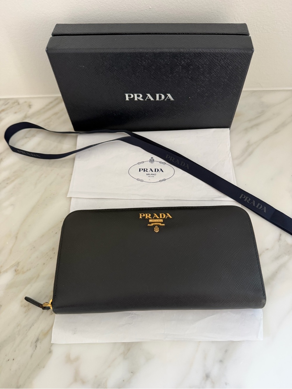 Prada Black Saffiano Zip Wallet with Gold Logo